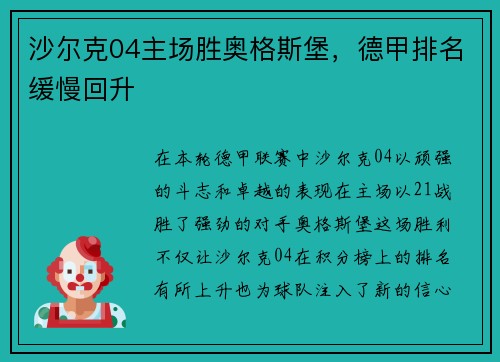 沙尔克04主场胜奥格斯堡，德甲排名缓慢回升