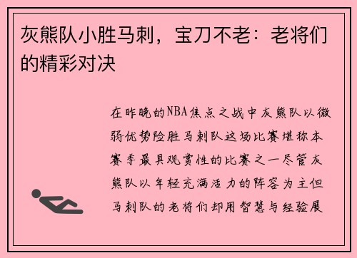 灰熊队小胜马刺，宝刀不老：老将们的精彩对决