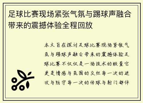 足球比赛现场紧张气氛与踢球声融合带来的震撼体验全程回放